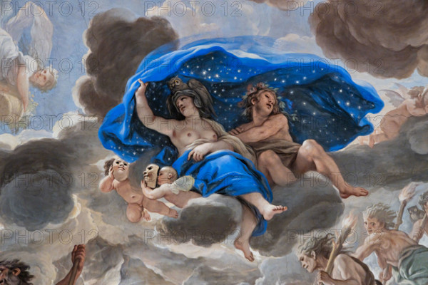 Medici Riccardi Palace, Gallery of Mirrors (or Room Luca Giordano): “Transport to the Underworld”; detail of the vault.
Frescoes by Luca Giordano; 1682 - 1685.

Detail with the dog Cerberus, placed on the shore awaiting the arrival of Pluto, Charon on the boat. Above is the fluttering Night, which with its cloak of stars protects sleep (the cherubs with masks and butterfly and bat wings instead symbolize dreams).
Palazzo Medici Riccardi, Firenze (FI) - Florence, Toscana - Tuscany, Italia - Italy