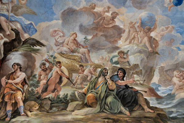 Medici Riccardi Palace, Gallery of Mirrors (or Room Luca Giordano): “The triumph of Bacchus”, detail of the vault.
Frescoes by Luca Giordano, 1682 - 1685.
Bacchus carried in triumph on a chariot (allegory of Autumn). On the right bottom, Momus and Harpocrates.
Palazzo Medici Riccardi, Firenze (FI) - Florence, Toscana - Tuscany, Italia - Italy