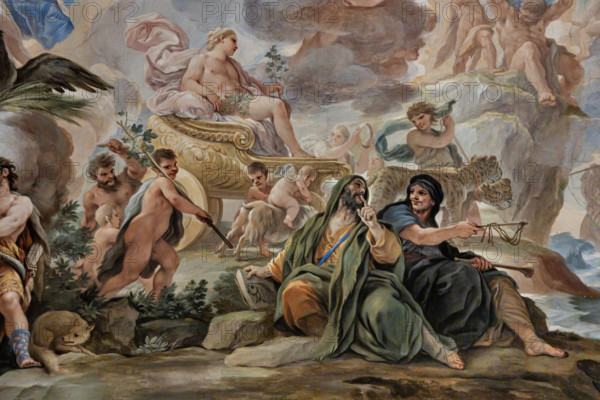 Medici Riccardi Palace, Gallery of Mirrors (or Room Luca Giordano): “The triumph of Bacchus”, detail of the vault.
Frescoes by Luca Giordano, 1682 - 1685.
Bacchus carried in triumph on a chariot (allegory of Autumn). On the right bottom, Momus and Harpocrates.
Palazzo Medici Riccardi, Firenze (FI) - Florence, Toscana - Tuscany, Italia - Italy