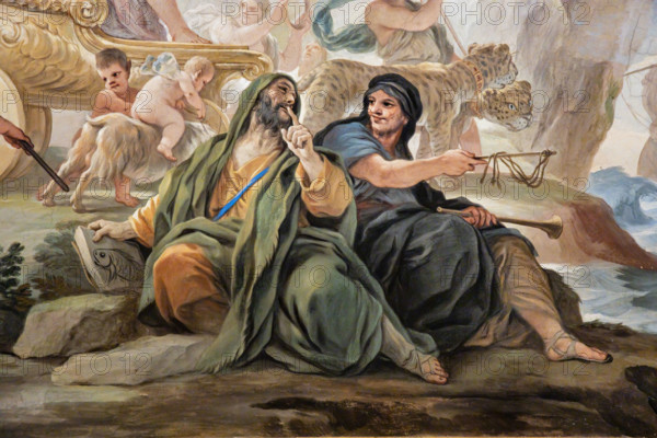 Medici Riccardi Palace, Gallery of Mirrors (or Room Luca Giordano): “The triumph of Bacchus”, detail of the vault.
Frescoes by Luca Giordano, 1682 - 1685.
Detail with Momus and Harpocrates.
Palazzo Medici Riccardi, Firenze (FI) - Florence, Toscana - Tuscany, Italia - Italy