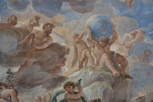 Medici Riccardi Palace, Gallery of Mirrors (or Room Luca Giordano): “The triumph of Bacchus”, detail of the vault.
Frescoes by Luca Giordano, 1682 - 1685.
Detail with Hercules and Atlas.
Palazzo Medici Riccardi, Firenze (FI) - Florence, Toscana - Tuscany, Italia - Italy