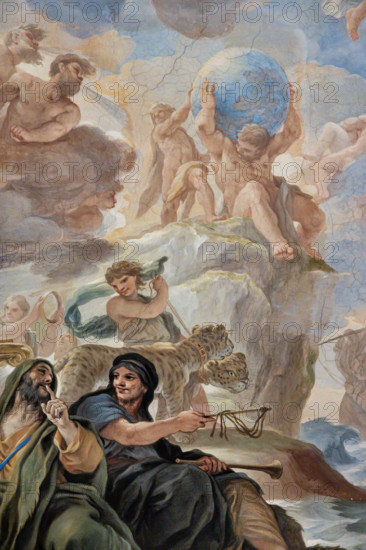 Medici Riccardi Palace, Gallery of Mirrors (or Room Luca Giordano): “The triumph of Bacchus”, detail of the vault.
Frescoes by Luca Giordano, 1682 - 1685.
Detail with Momus and Harpocrates on the bottom, and Hercules and Atlas above.
Palazzo Medici Riccardi, Firenze (FI) - Florence, Toscana - Tuscany, Italia - Italy