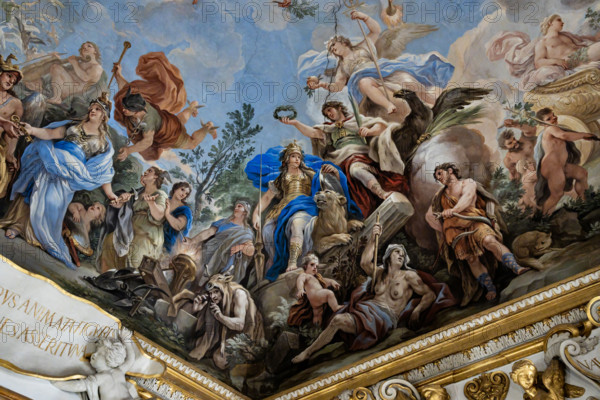 Medici Riccardi Palace, Gallery of Mirrors (or Room Luca Giordano): “The Allegory of Fortitude”, detail of the vault.
Frescoes by Luca Giordano, 1682 - 1685.

Virtue is depicted armed with a staff and shield, flanked by a lion and Constance (with her hand on a burning brazier). Above her are Honor, who offers her a laurel wreath, and Victory, seated on a globe in the act of offering a pomegranate; while Peace descends from the sky, with an olive branch and a torch to burn weapons. In the foreground are Courage, depicted as an archer (figure of Hercules) strangling a snake, with a fox on the ground trampled by a winged putto. On the left, always at the bottom, are Misery and Fear, crouched under a skin of deer.
Palazzo Medici Riccardi, Firenze (FI) - Florence, Toscana - Tuscany, Italia - Italy