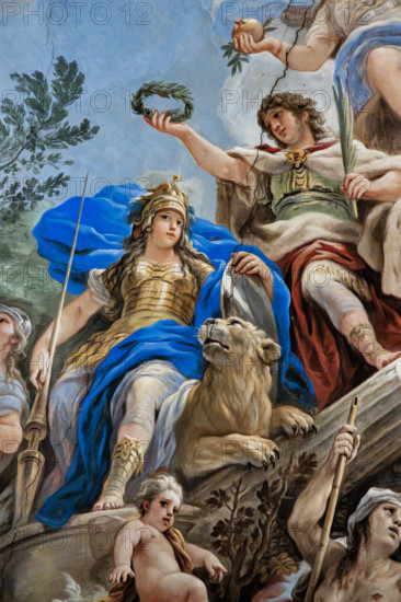 Medici Riccardi Palace, Gallery of Mirrors (or Room Luca Giordano): “The Allegory of Fortitude”, detail of the vault.
Frescoes by Luca Giordano, 1682 - 1685.

Virtue is depicted armed with a staff and shield, flanked by a lion. Above her is Honor, who offers her a laurel wreath.
Palazzo Medici Riccardi, Firenze (FI) - Florence, Toscana - Tuscany, Italia - Italy