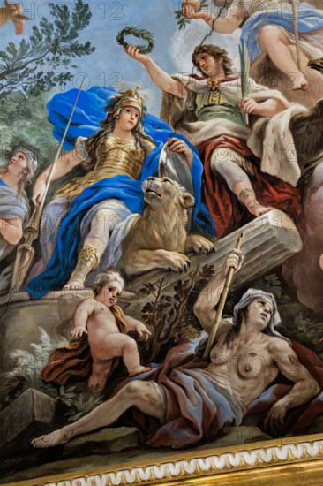 Medici Riccardi Palace, Gallery of Mirrors (or Room Luca Giordano): “The Allegory of Fortitude”, detail of the vault.
Frescoes by Luca Giordano, 1682 - 1685.

Virtue is depicted armed with a staff and shield, flanked by a lion. Above her is Honor, who offers her a laurel wreath.
Palazzo Medici Riccardi, Firenze (FI) - Florence, Toscana - Tuscany, Italia - Italy