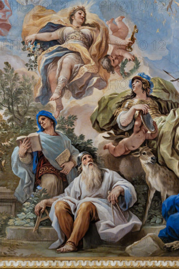 Medici Riccardi Palace, Gallery of Mirrors (or Room Luca Giordano): “The Allegory of Prudence”, detail of the vault.
Frescoes by Luca Giordano, 1682 - 1685.

Virtue is placed at the centre of the group with the classic two faces, a golden helmet on her head, the mirror and an arrow with a snake. The combined animal is the deer (symbolizing Prudence). Below are two sages of antiquity with books and tools.
Palazzo Medici Riccardi, Firenze (FI) - Florence, Toscana - Tuscany, Italia - Italy