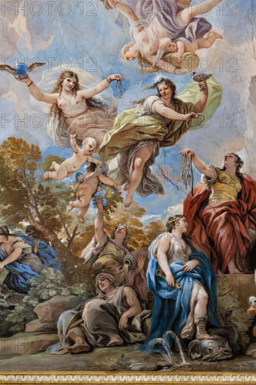 Medici Riccardi Palace, Gallery of Mirrors (or Room Luca Giordano): “The Allegory of Temperance”, detail of the vault.
Frescoes by Luca Giordano, 1682 - 1685.

Virtue is portrayed as a warrior with a watch and a brake in her hands (symbolizing the ability to moderate). Next to her is an elephant. Tranquility, Youth and Voluptuousness hover above, while Modesty and Sobriety are placed below while she dominates a marine figure with a golden key in her hand.
Palazzo Medici Riccardi, Firenze (FI) - Florence, Toscana - Tuscany, Italia - Italy