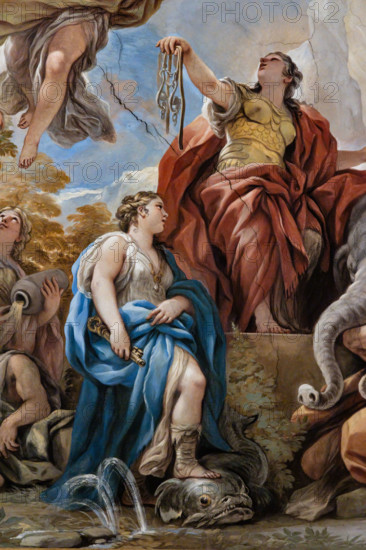 Medici Riccardi Palace, Gallery of Mirrors (or Room Luca Giordano): “The Allegory of Temperance”, detail of the vault.
Frescoes by Luca Giordano, 1682 - 1685.

Virtue is portrayed as a warrior with a watch and a brake in her hands (symbolizing the ability to moderate). Next to her is an elephant. Tranquility, Youth and Voluptuousness hover above, while Modesty and Sobriety are placed below while she dominates a marine figure with a golden key in her hand.
Palazzo Medici Riccardi, Firenze (FI) - Florence, Toscana - Tuscany, Italia - Italy