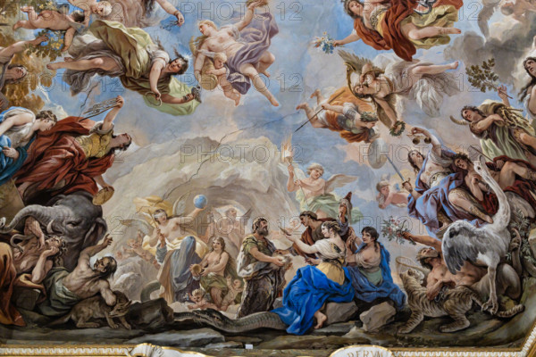 Medici Riccardi Palace, Gallery of Mirrors (or Room Luca Giordano), detail of the vault: "the Cave of Eternity and the Birth of Man".
Frescoes by Luca Giordano; 1682 - 1685.

A group of divinities attends the birth of man, symbolized by the newborn held in the hand of the two-faced god Janus at the centre of the scene. The whole group is surrounded by an ouroboros (snake biting its own tail), symbol of Eternity, while in the background inside a cave is Time (represented by the figure of an elderly winged man with an hourglass in his hand). In front of them is a veiled goddess (perhaps Necessity) who offers a rod to Fortune (portrayed blindfolded) and a golden sphere to Nature (from which milk flows from the breast). Next to the god Janus are the three Fates with the thread (to be worked) of human life.
Palazzo Medici Riccardi, Firenze (FI) - Florence, Toscana - Tuscany, Italia - Italy