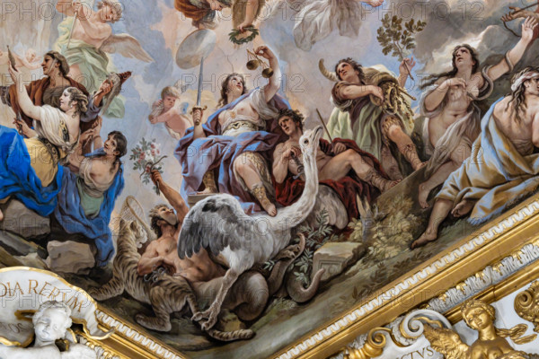 Medici Riccardi Palace, Gallery of Mirrors (or Room Luca Giordano): “The Allegory of Justice”, detail of the vault.
Frescoes by Luca Giordano, 1682 - 1685.

Virtue, portrayed while receiving the crown from Fame, has a sword and scales in her hand; next to it are Clemenza and Security. On the rock below sit Punishment, a man with rod and sword, and Prize, a man holding a cornucopia of treasures. With them there is also an ostrich (symbol of patience), while on the ground are Deceit (the person on the left who hides his head, with legs similar to the tail of a snake and holding flowers in his hand inside which he is hidden a snake and with a tiger), Discord (the figure blowing the fire with the bellows) and Conflict (with a snake on his arm).
Palazzo Medici Riccardi, Firenze (FI) - Florence, Toscana - Tuscany, Italia - Italy