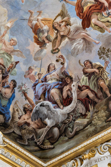 Medici Riccardi Palace, Gallery of Mirrors (or Room Luca Giordano): “The Allegory of Justice”, detail of the vault.
Frescoes by Luca Giordano, 1682 - 1685.

Virtue, portrayed while receiving the crown from Fame, has a sword and scales in her hand; next to it are Clemenza and Security. On the rock below sit Punishment, a man with rod and sword, and Prize, a man holding a cornucopia of treasures. With them there is also an ostrich (symbol of patience), while on the ground are Deceit (the person on the left who hides his head, with legs similar to the tail of a snake and holding flowers in his hand inside which he is hidden a snake and with a tiger), Discord (the figure blowing the fire with the bellows) and Conflict (with a snake on his arm).
Palazzo Medici Riccardi, Firenze (FI) - Florence, Toscana - Tuscany, Italia - Italy