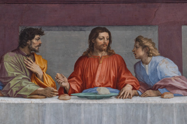“Cenacolo”,  di Andrea del Sarto, affresco  (525x871 cm), databile al 1511-1527. L’opera è  conservata nel refettorio del monastero vicino alla chiesa di San Salvi a Firenze. Particolare con Gesù al centro. Alla sua destra Giuda e alla sua sinistra Giovanni.

[ENG]
“The Last Supper”, by Andrea del Sarto, fresco (525x871 cm), datable to 1511-1527. The work is preserved in the refectory of the monastery near the church of San Salvi in Florence. Detail with Jesus in the centre, and Judah on his right and John on his left.
Chiesa di San Salvi, Refettorio, Firenze (FI) - Florence, Toscana - Tuscany, Italia - Italy