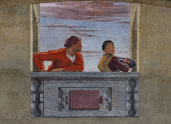 “Cenacolo”,  di Andrea del Sarto, affresco  (525x871 cm), databile al 1511-1527. L’opera è  conservata nel refettorio del monastero vicino alla chiesa di San Salvi a Firenze. Particolare di una terrazza dove due personaggi, sullo sfondo di un cielo al tramonto, assistono all’Ultima Cena. Si tratta di una piccola scena di genere, poiché uno dei due tiene un vassoio ed è quindi un servitore della locanda, mentre l'altro, con le braccia saldamente appoggiate alla terrazza come se avesse appena finito di sbirciare giù, rivolge lo sguardo verso di lui.

[ENG]
“The Last Supper”, by Andrea del Sarto, fresco (525x871 cm), datable to 1511-1527. The work is preserved in the refectory of the monastery near the church of San Salvi in Florence. Detail of a terrace where two characters, against the background of a sunset sky, witness the Last Supper. It is a small genre scene, since one of the two is holding a tray and is therefore a servant of the inn, while the other, with his arms firmly resti...