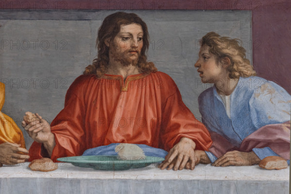 “Cenacolo”,  di Andrea del Sarto, affresco  (525x871 cm), databile al 1511-1527. L’opera è  conservata nel refettorio del monastero vicino alla chiesa di San Salvi a Firenze. Particolare con Gesù e alla sua sinistra Giovanni.

[ENG]
“The Last Supper”, by Andrea del Sarto, fresco (525x871 cm), datable to 1511-1527. The work is preserved in the refectory of the monastery near the church of San Salvi in Florence. Detail with Jesus in the centre and John on his left.
Chiesa di San Salvi, Refettorio, Firenze (FI) - Florence, Toscana - Tuscany, Italia - Italy