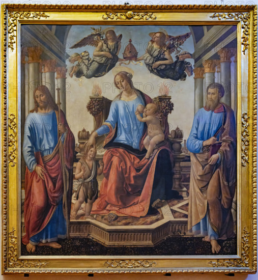 “Madonna in trono con Bambino e S. Giovannino, tra San Giacomo e San Pietro”, di Cosimo Rosselli, dalla Chiesa di Cestello di Firenze, dipinto a tempera su tavola.

[ENG]
“Enthroned Madonna with Infant Jesus and Infant St. John, between St. James and St. Peter”, by Cosimo Rosselli, from the Church of Cestello, in Florence, tempera painting on panel.
Chiesa di San Salvi, Museo del C, Firenze (FI) - Florence, Toscana - Tuscany, Italia - Italy