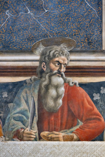 “L’Ultima Cena”, affresco (453 × 975 cm)  di Andrea del Castagno, 1447 circa, conservato sulla parete ovest del refettorio del monastero di Sant'Apollonia a Firenze, oggi museo del Cenacolo di Sant’Apollonia. Particolare di Sant'Andrea con la folta capigliatura bianca riccioluta e la barba che discende abbondante.

[ENG]
“The Last Supper”, fresco (453 × 975 cm) by Andrea del Castagno, about 1447, preserved on the west wall of the refectory of the monastery of Sant'Apollonia in Florence, now the museum of the Cenacle of Sant'Apollonia. Detail of Saint Andrew with his thick white curly hair and his abundantly flowing beard.
Museo del Cenacolo di Sant'Apoll, Firenze (FI) - Florence, Toscana - Tuscany, Italia - Italy