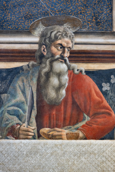 “L’Ultima Cena”, affresco (453 × 975 cm)  di Andrea del Castagno, 1447 circa, conservato sulla parete ovest del refettorio del monastero di Sant'Apollonia a Firenze, oggi museo del Cenacolo di Sant’Apollonia. Particolare di Sant'Andrea con la folta capigliatura bianca riccioluta e la barba che discende abbondante.

[ENG]
“The Last Supper”, fresco (453 × 975 cm) by Andrea del Castagno, about 1447, preserved on the west wall of the refectory of the monastery of Sant'Apollonia in Florence, now the museum of the Cenacle of Sant'Apollonia. Detail of Saint Andrew with his thick white curly hair and his abundantly flowing beard.
Museo del Cenacolo di Sant'Apoll, Firenze (FI) - Florence, Toscana - Tuscany, Italia - Italy