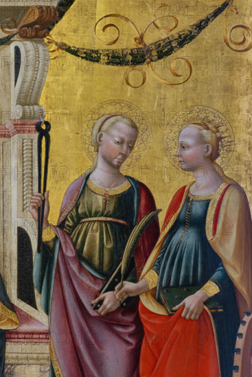 “Madonna col Bambino e Santi”, di Neri di Bicci, dipinto a tempera su tavola, 1473. Particolare con due sante tra le quali Sant’Apollonia, raffigurata con un paio di tenaglie che le stringono un dente, allusione al suo martirio.

[ENG]
“Madonna with Child and Saints”, by Neri di Bicci, tempera painting on panel, 1473. Detail with two saints. One of them is Saint Apollonia, depicted with a pair of pincers holding her tooth, an allusion to her martyrdom.
Museo del Cenacolo di Sant'Apoll, Firenze (FI) - Florence, Toscana - Tuscany, Italia - Italy