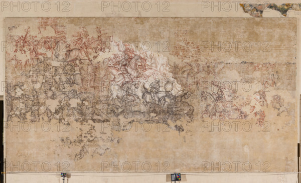 Ducal Palace, Hall of the Popes, south-east wall: “Tournament of Knights” or “Tournament-Battle of Louvezerp”, 1430-1433, by Antonio di Puccio, known as Pisanello. Sinopia relating to the wall painting of the Pisanello room, the subject is taken from “Le roman en prose de Tristan”, a masterpiece of chivalric literature.
Palazzo Ducale, Mantova (MN) - Mantua, Lombardia - Lombardy, Italia - Italy