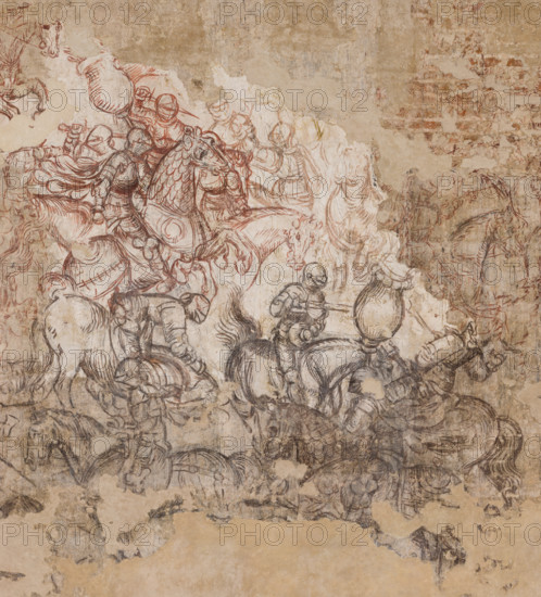 Ducal Palace, Hall of the Popes, south-east wall: “Tournament of Knights” or “Tournament-Battle of Louvezerp”, 1430-1433, by Antonio di Puccio, known as Pisanello. Sinopia relating to the wall painting of the Pisanello room, the subject is taken from “Le roman en prose de Tristan”, a masterpiece of chivalric literature.
Detail.
Palazzo Ducale, Mantova (MN) - Mantua, Lombardia - Lombardy, Italia - Italy