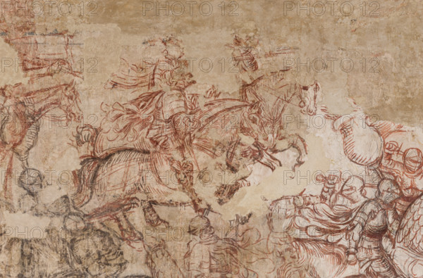 Ducal Palace, Hall of the Popes, south-east wall: “Tournament of Knights” or “Tournament-Battle of Louvezerp”, 1430-1433, by Antonio di Puccio, known as Pisanello. Sinopia relating to the wall painting of the Pisanello room, the subject is taken from “Le roman en prose de Tristan”, a masterpiece of chivalric literature.
Detail.
Palazzo Ducale, Mantova (MN) - Mantua, Lombardia - Lombardy, Italia - Italy