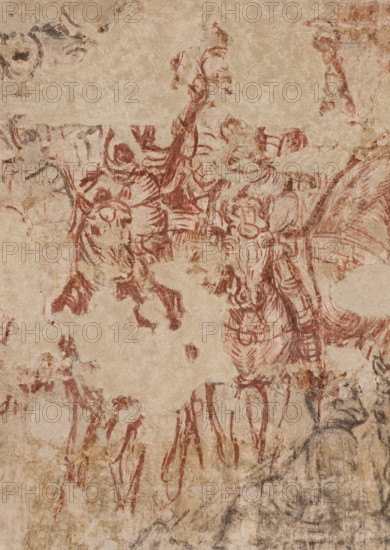 Ducal Palace, Hall of the Popes, south-east wall: “Tournament of Knights” or “Tournament-Battle of Louvezerp”, 1430-1433, by Antonio di Puccio, known as Pisanello. Sinopia relating to the wall painting of the Pisanello room, the subject is taken from “Le roman en prose de Tristan”, a masterpiece of chivalric literature.
Detail.
Palazzo Ducale, Mantova (MN) - Mantua, Lombardia - Lombardy, Italia - Italy