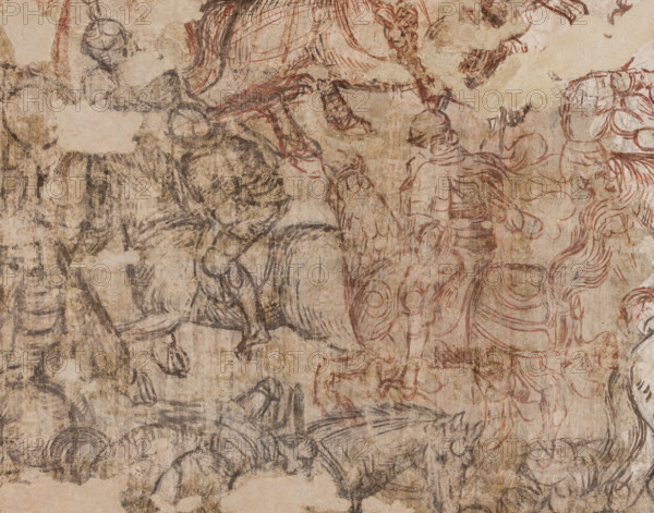 Ducal Palace, Hall of the Popes, south-east wall: “Tournament of Knights” or “Tournament-Battle of Louvezerp”, 1430-1433, by Antonio di Puccio, known as Pisanello. Sinopia relating to the wall painting of the Pisanello room, the subject is taken from “Le roman en prose de Tristan”, a masterpiece of chivalric literature.
Detail.
Palazzo Ducale, Mantova (MN) - Mantua, Lombardia - Lombardy, Italia - Italy