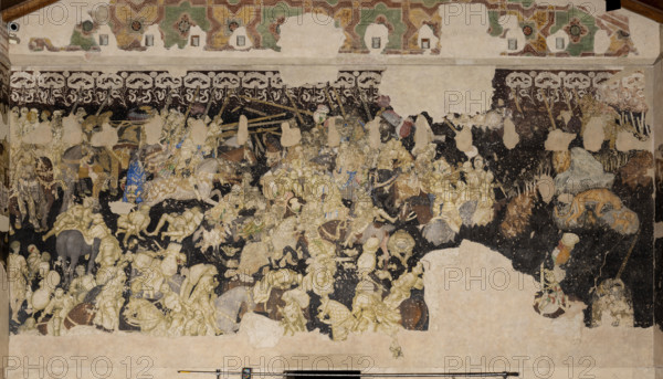 Palazzo Ducale, Pisanello room, south-east wall: “Tournament-Battle of Louvezerp”, 1430-1433, by Antonio di Puccio, known as Pisanello. detached wall painting, mixed media. The subject is taken from “Le roman en prose de Tristan”, a masterpiece of chivalric literature.
Palazzo Ducale, Mantova (MN) - Mantua, Lombardia - Lombardy, Italia - Italy