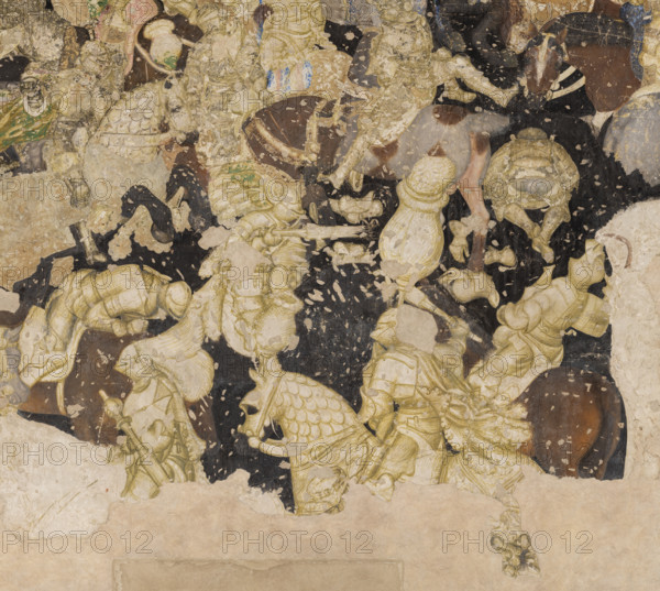 Palazzo Ducale, Pisanello room, south-east wall: “Tournament-Battle of Louvezerp”, 1430-1433, by Antonio di Puccio, known as Pisanello. detached wall painting, mixed media. The subject is taken from “Le roman en prose de Tristan”, a masterpiece of chivalric literature.
Detail.
Palazzo Ducale, Mantova (MN) - Mantua, Lombardia - Lombardy, Italia - Italy