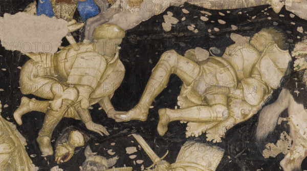 Palazzo Ducale, Pisanello room, south-east wall: “Tournament-Battle of Louvezerp”, 1430-1433, by Antonio di Puccio, known as Pisanello. detached wall painting, mixed media. The subject is taken from “Le roman en prose de Tristan”, a masterpiece of chivalric literature.
Detail with knights: one crouching and one on the ground.
Palazzo Ducale, Mantova (MN) - Mantua, Lombardia - Lombardy, Italia - Italy