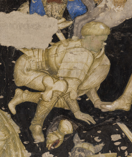 Palazzo Ducale, Pisanello room, south-east wall: “Tournament-Battle of Louvezerp”, 1430-1433, by Antonio di Puccio, known as Pisanello. detached wall painting, mixed media. The subject is taken from “Le roman en prose de Tristan”, a masterpiece of chivalric literature.
Detail with a crouching knight.
Palazzo Ducale, Mantova (MN) - Mantua, Lombardia - Lombardy, Italia - Italy