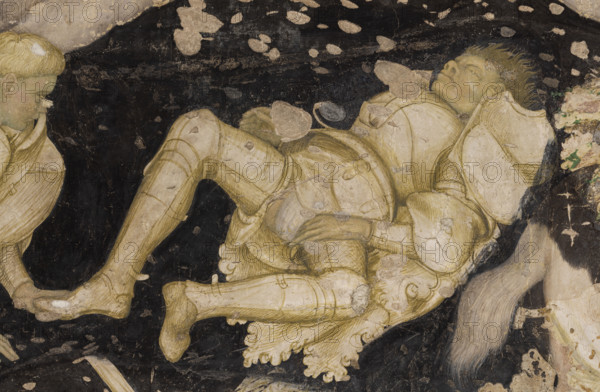 Palazzo Ducale, Pisanello room, south-east wall: “Tournament-Battle of Louvezerp”, 1430-1433, by Antonio di Puccio, known as Pisanello. detached wall painting, mixed media. The subject is taken from “Le roman en prose de Tristan”, a masterpiece of chivalric literature.
Detail with a knight on the ground.
Palazzo Ducale, Mantova (MN) - Mantua, Lombardia - Lombardy, Italia - Italy