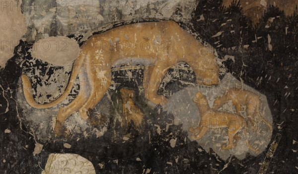 Palazzo Ducale, Pisanello room, south-east wall: “Tournament-Battle of Louvezerp”, 1430-1433, by Antonio di Puccio, known as Pisanello. detached wall painting, mixed media. The subject is taken from “Le roman en prose de Tristan”, a masterpiece of chivalric literature.
Detail with lioness and two cubs.
Palazzo Ducale, Mantova (MN) - Mantua, Lombardia - Lombardy, Italia - Italy