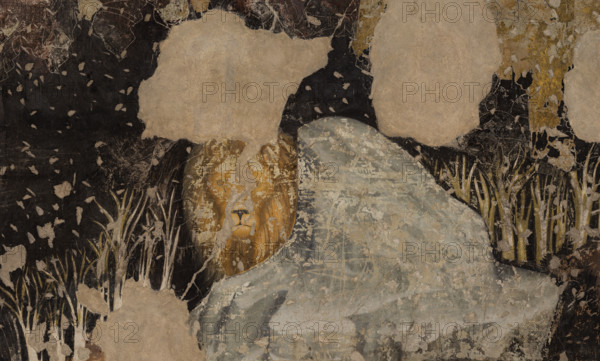 Palazzo Ducale, Pisanello room, south-east wall: “Tournament-Battle of Louvezerp”, 1430-1433, by Antonio di Puccio, known as Pisanello. detached wall painting, mixed media. The subject is taken from “Le roman en prose de Tristan”, a masterpiece of chivalric literature.
Detail with lion.
Palazzo Ducale, Mantova (MN) - Mantua, Lombardia - Lombardy, Italia - Italy