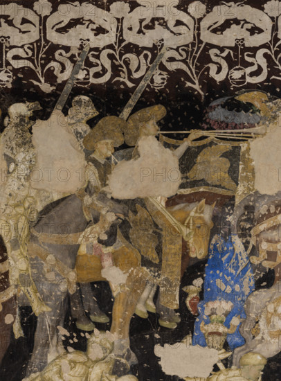 Palazzo Ducale, Pisanello room, south-east wall: “Tournament-Battle of Louvezerp”, 1430-1433, by Antonio di Puccio, known as Pisanello. detached wall painting, mixed media. The subject is taken from “Le roman en prose de Tristan”, a masterpiece of chivalric literature.
Detail with trumpeters.
Palazzo Ducale, Mantova (MN) - Mantua, Lombardia - Lombardy, Italia - Italy