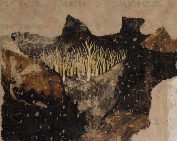 Palazzo Ducale, Pisanello room, south-west wall: “Tournament-Battle of Louvezerp”, 1430-1433, by Antonio di Puccio, known as Pisanello. detached wall painting, mixed media. The subject is taken from “Le roman en prose de Tristan”, a masterpiece of chivalric literature.
Detail with trees in a forest.
Palazzo Ducale, Mantova (MN) - Mantua, Lombardia - Lombardy, Italia - Italy