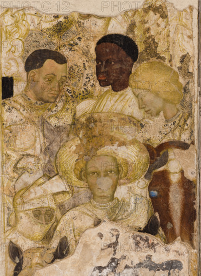 Palazzo Ducale, Pisanello room, north-east wall: “Tournament-Battle of Louvezerp”, 1430-1433, by Antonio di Puccio, known as Pisanello. detached wall painting, mixed media. The subject is taken from “Le roman en prose de Tristan”, a masterpiece of chivalric literature.
Detail with knights, moor and ladies of court.
Palazzo Ducale, Mantova (MN) - Mantua, Lombardia - Lombardy, Italia - Italy