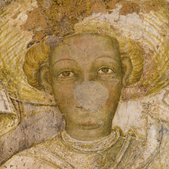 Palazzo Ducale, Pisanello room, north-east wall: “Tournament-Battle of Louvezerp”, 1430-1433, by Antonio di Puccio, known as Pisanello. detached wall painting, mixed media. The subject is taken from “Le roman en prose de Tristan”, a masterpiece of chivalric literature.
Detail with knights, moor and ladies of court.
Palazzo Ducale, Mantova (MN) - Mantua, Lombardia - Lombardy, Italia - Italy