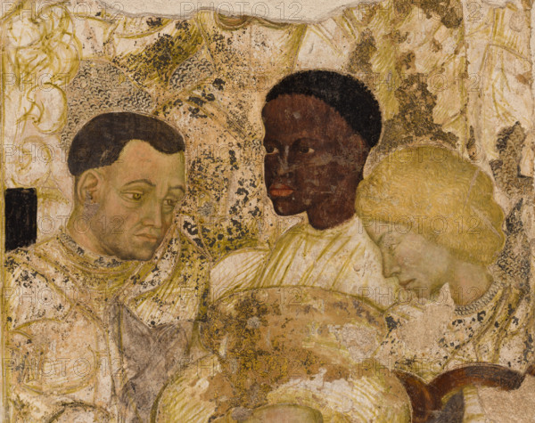 Palazzo Ducale, Pisanello room, north-east wall: “Tournament-Battle of Louvezerp”, 1430-1433, by Antonio di Puccio, known as Pisanello. detached wall painting, mixed media. The subject is taken from “Le roman en prose de Tristan”, a masterpiece of chivalric literature.
Detail with knights, moor and ladies of court.
Palazzo Ducale, Mantova (MN) - Mantua, Lombardia - Lombardy, Italia - Italy