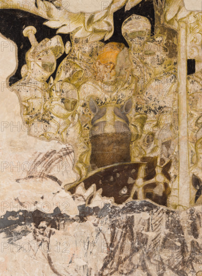 Palazzo Ducale, Pisanello room, north-east wall: “Tournament-Battle of Louvezerp”, 1430-1433, by Antonio di Puccio, known as Pisanello. detached wall painting, mixed media. The subject is taken from “Le roman en prose de Tristan”, a masterpiece of chivalric literature.
Detail with knights.
Palazzo Ducale, Mantova (MN) - Mantua, Lombardia - Lombardy, Italia - Italy