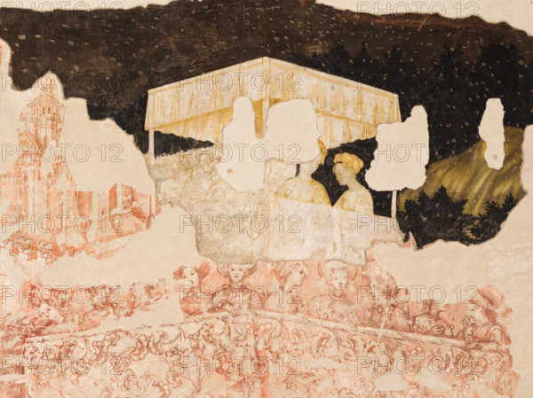 Palazzo Ducale, Pisanello room, north-east wall: “Tournament-Battle of Louvezerp”, 1430-1433, by Antonio di Puccio, known as Pisanello. detached wall painting, mixed media. The subject is taken from “Le roman en prose de Tristan”, a masterpiece of chivalric literature.
Detail with ladies of court in a canopy.
Palazzo Ducale, Mantova (MN) - Mantua, Lombardia - Lombardy, Italia - Italy