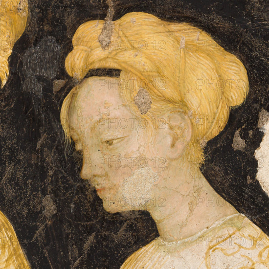 Palazzo Ducale, Pisanello room, north-east wall: “Tournament-Battle of Louvezerp”, 1430-1433, by Antonio di Puccio, known as Pisanello. detached wall painting, mixed media. The subject is taken from “Le roman en prose de Tristan”, a masterpiece of chivalric literature.
Detail with ladies of court in a canopy.
Palazzo Ducale, Mantova (MN) - Mantua, Lombardia - Lombardy, Italia - Italy