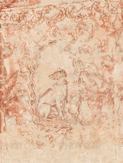 Palazzo Ducale, Pisanello room, north-east wall: “Tournament-Battle of Louvezerp”, 1430-1433, by Antonio di Puccio, known as Pisanello. detached wall painting, mixed media. The subject is taken from “Le roman en prose de Tristan”, a masterpiece of chivalric literature.
Detail with dog.
Palazzo Ducale, Mantova (MN) - Mantua, Lombardia - Lombardy, Italia - Italy