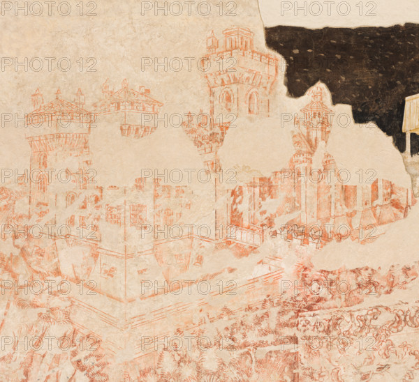 Palazzo Ducale, Pisanello room, north-east wall: “Tournament-Battle of Louvezerp”, 1430-1433, by Antonio di Puccio, known as Pisanello. detached wall painting, mixed media. The subject is taken from “Le roman en prose de Tristan”, a masterpiece of chivalric literature.
Detail with a turreted city, the castle of King Brangoire, which recalls the Mantuan castle of San Giorgio.
Palazzo Ducale, Mantova (MN) - Mantua, Lombardia - Lombardy, Italia - Italy