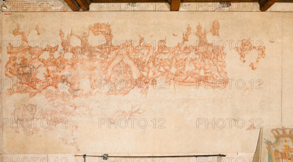 Palazzo Ducale, Pisanello room, north-east wall: “Tournament-Battle of Louvezerp”, 1430-1433, by Antonio di Puccio, known as Pisanello. detached wall painting, mixed media. The subject is taken from “Le roman en prose de Tristan”, a masterpiece of chivalric literature.
Detail with tent, horses, knights and trees.
Palazzo Ducale, Mantova (MN) - Mantua, Lombardia - Lombardy, Italia - Italy