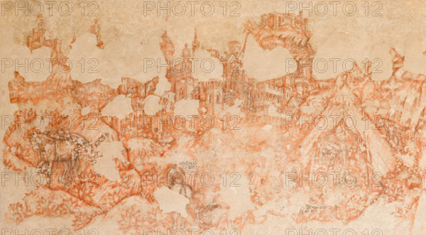 Palazzo Ducale, Pisanello room, north-east wall: “Tournament-Battle of Louvezerp”, 1430-1433, by Antonio di Puccio, known as Pisanello. detached wall painting, mixed media. The subject is taken from “Le roman en prose de Tristan”, a masterpiece of chivalric literature.
Detail with tent, horses, knights and trees.
Palazzo Ducale, Mantova (MN) - Mantua, Lombardia - Lombardy, Italia - Italy