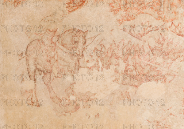 Palazzo Ducale, Pisanello room, north-east wall: “Tournament-Battle of Louvezerp”, 1430-1433, by Antonio di Puccio, known as Pisanello. detached wall painting, mixed media. The subject is taken from “Le roman en prose de Tristan”, a masterpiece of chivalric literature.
Detail with horse, knight and trees.
Palazzo Ducale, Mantova (MN) - Mantua, Lombardia - Lombardy, Italia - Italy