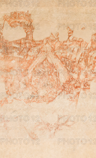 Palazzo Ducale, Pisanello room, north-east wall: “Tournament-Battle of Louvezerp”, 1430-1433, by Antonio di Puccio, known as Pisanello. detached wall painting, mixed media. The subject is taken from “Le roman en prose de Tristan”, a masterpiece of chivalric literature.
Detail with tent and two men.
Palazzo Ducale, Mantova (MN) - Mantua, Lombardia - Lombardy, Italia - Italy