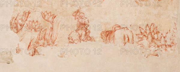 Palazzo Ducale, Pisanello room, north-east wall: “Tournament-Battle of Louvezerp”, 1430-1433, by Antonio di Puccio, known as Pisanello. detached wall painting, mixed media. The subject is taken from “Le roman en prose de Tristan”, a masterpiece of chivalric literature.
Detail with horse, knight and trees.
Palazzo Ducale, Mantova (MN) - Mantua, Lombardia - Lombardy, Italia - Italy