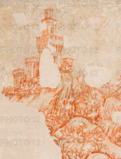 Palazzo Ducale, Pisanello room, north-east wall: “Tournament-Battle of Louvezerp”, 1430-1433, by Antonio di Puccio, known as Pisanello. detached wall painting, mixed media. The subject is taken from “Le roman en prose de Tristan”, a masterpiece of chivalric literature.
Detail with towers of a castle.
Palazzo Ducale, Mantova (MN) - Mantua, Lombardia - Lombardy, Italia - Italy